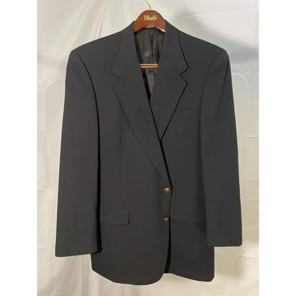 VTG Austin Reed 44L USA MADE Black Wool Hopsack 2 Btn Metal Crest Button Blazer‎
